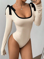 Women's Casual Color Block Slim Fit Long Sleeve Bodysuit Commuting Tie-Strap Decorate Rib-Knit Bodysuit Spring/Fall 2026