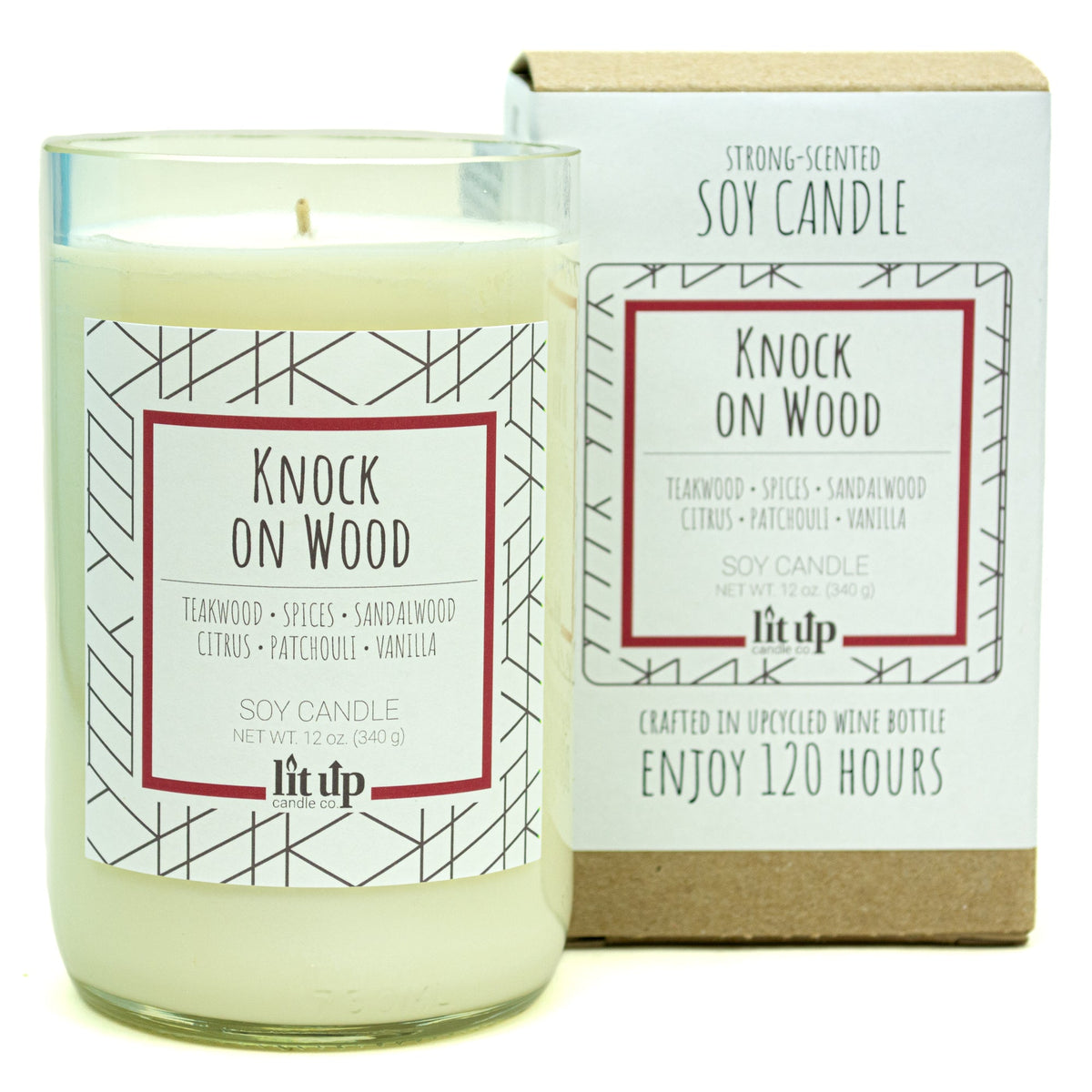 Knock on Wood 12 oz. soy candle in upcycled wine bottle | Teakwood, Sandalwood, Spices