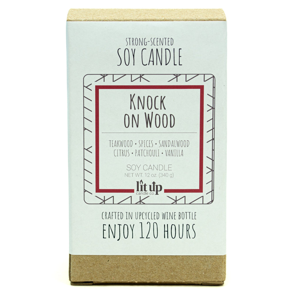 Knock on Wood 12 oz. soy candle in upcycled wine bottle | Teakwood, Sandalwood, Spices