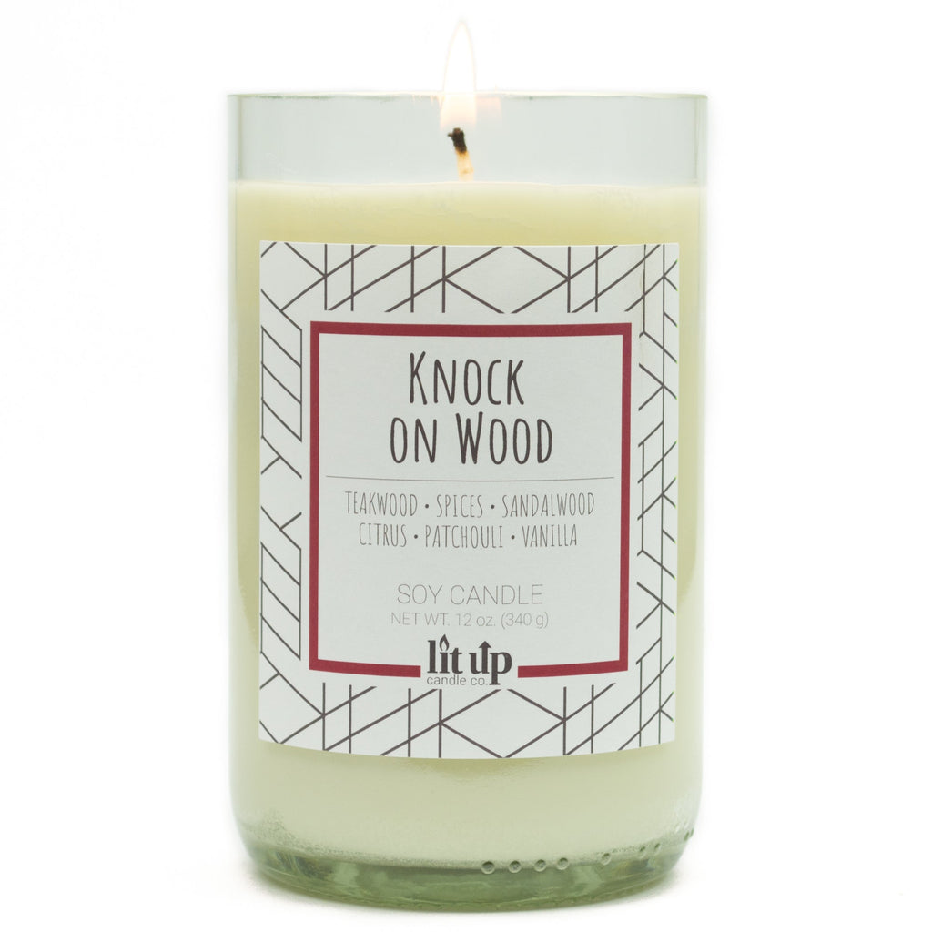 Knock on Wood 12 oz. soy candle in upcycled wine bottle | Teakwood, Sandalwood, Spices