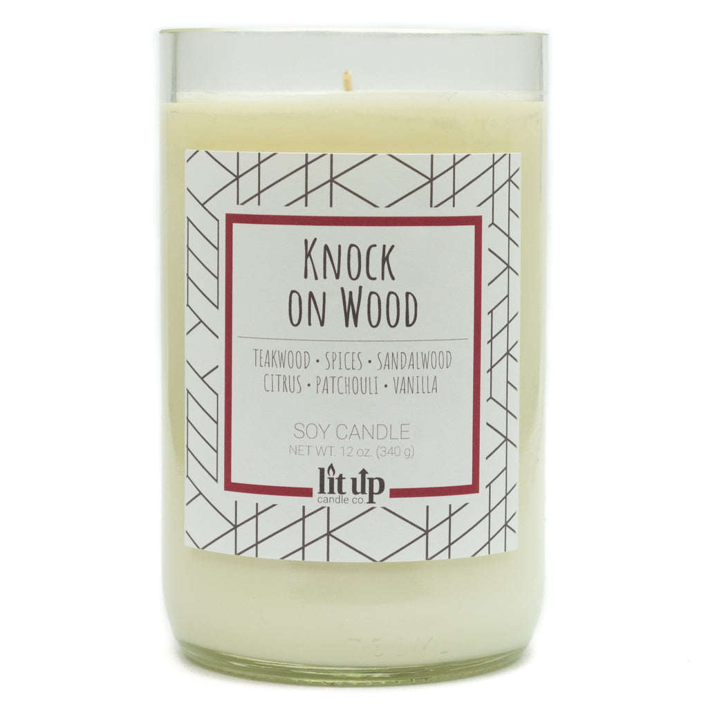 Knock on Wood 12 oz. soy candle in upcycled wine bottle | Teakwood, Sandalwood, Spices