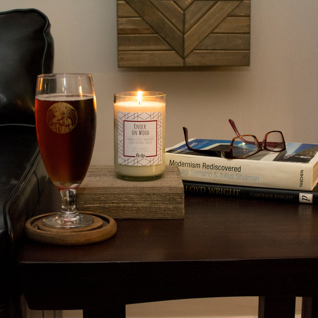 Knock on Wood 12 oz. soy candle in upcycled wine bottle | Teakwood, Sandalwood, Spices