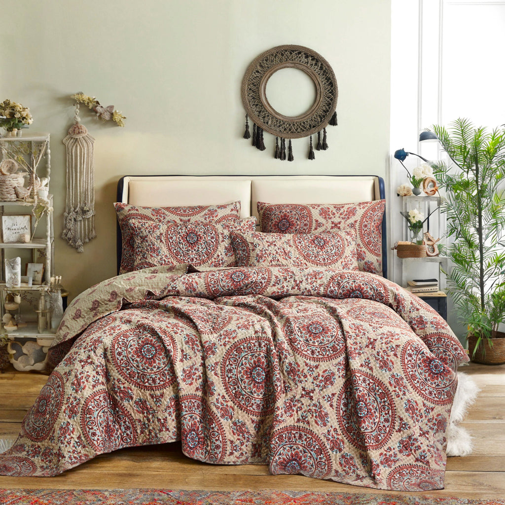 Tache Bohemian Desert Medallion Boteh Paisley Orange Blue Taupe Quilt Set (TJ3502)