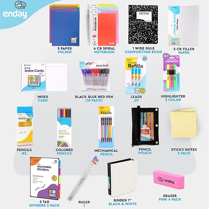 Back to School Supplies High School and College, Premium Quality Kids School Supplies Kit, High School Supplies for Girls and Boys, 79 Pieces - by Enday