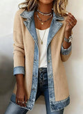 Denim Patchwork Button-Down Jacket – Long Sleeve Lapel Top for Women