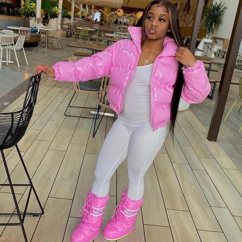 Durable Faux PU Leather Bubble Puffer Winter Warm Jacket Women Coats Long Sleeve Outerwear Zipper Casual Slim jacket