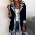 Denim Patchwork Button-Down Jacket – Long Sleeve Lapel Top for Women