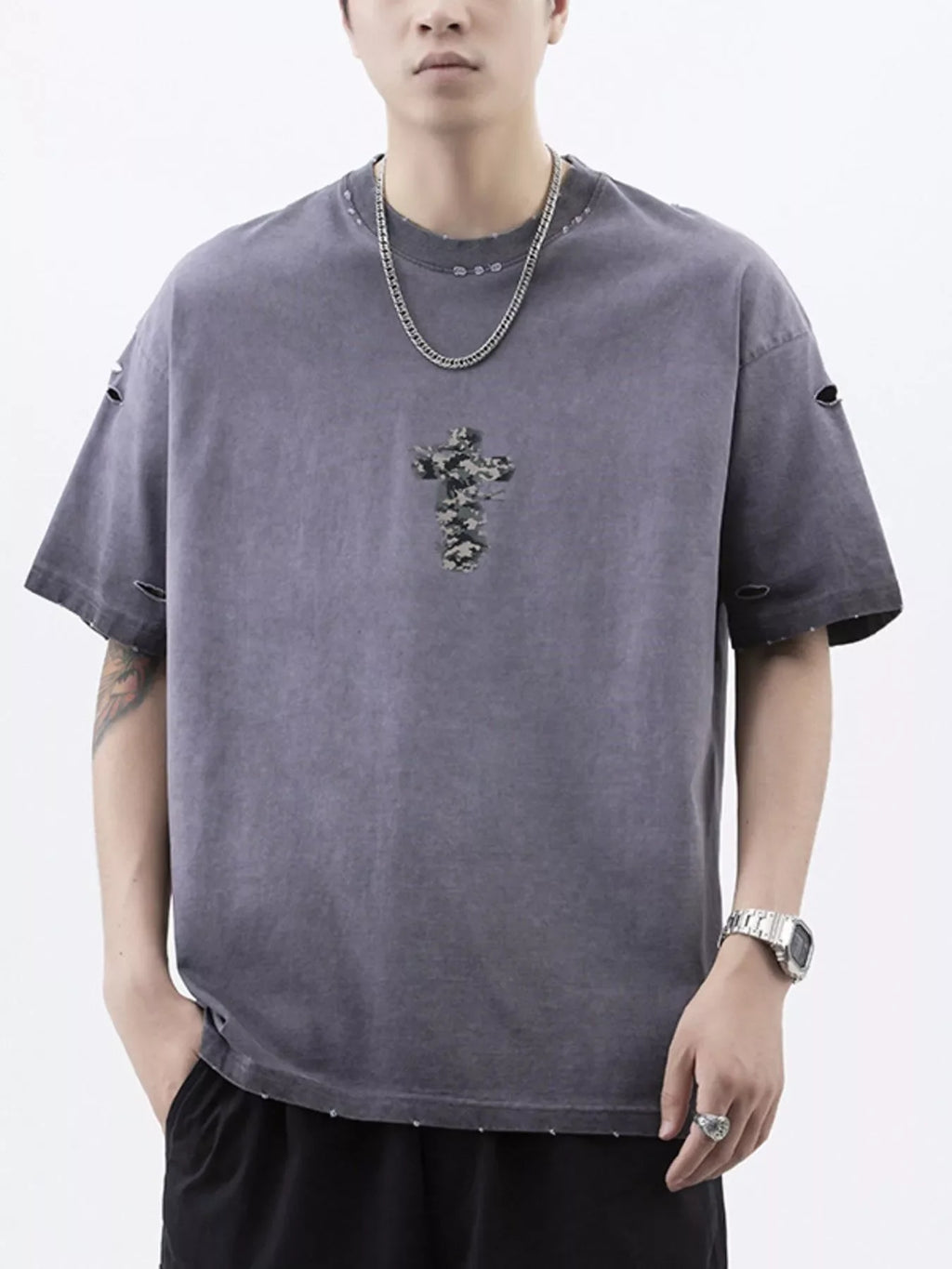 Men's Plus Size Distressed Camo Cross Graphic T-Shirt