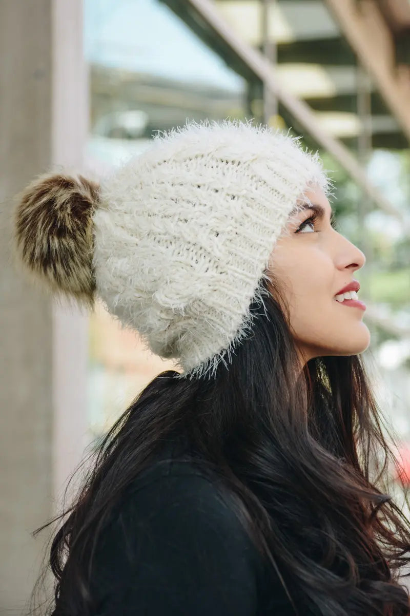 Mohair Faux Fur Pom Knit Beanie