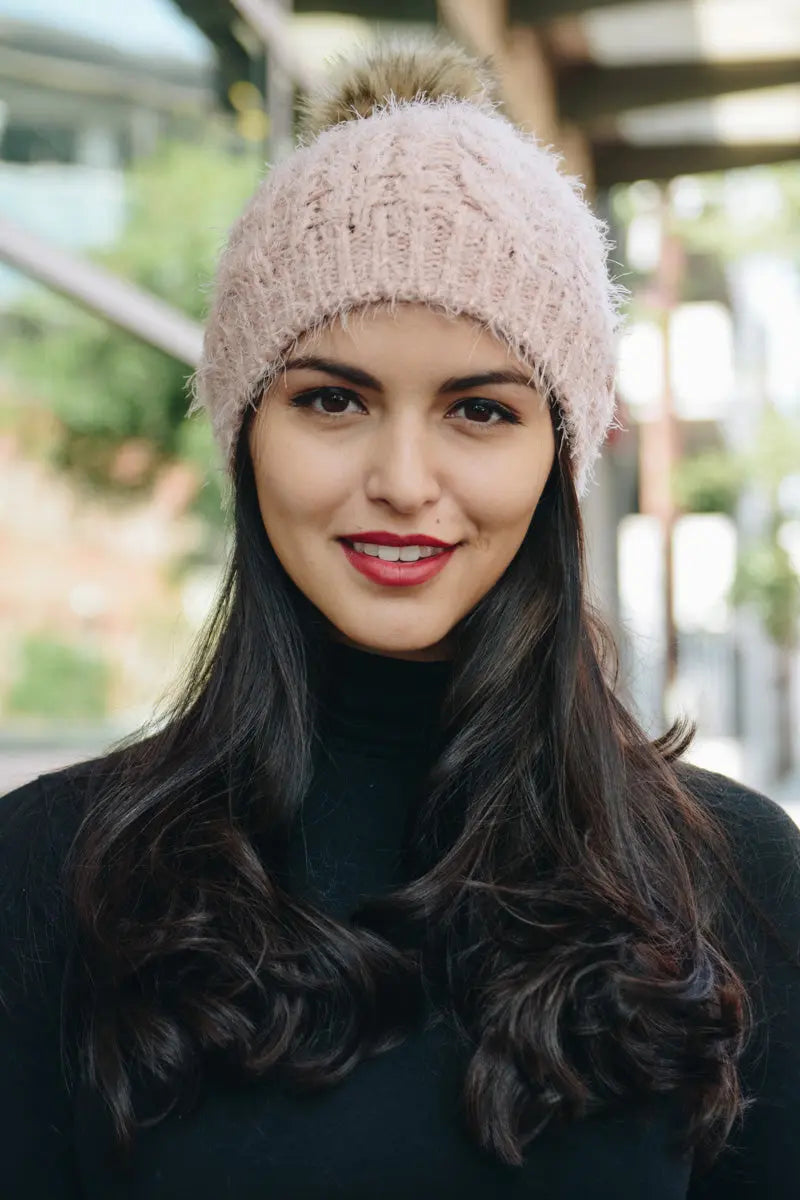 Mohair Faux Fur Pom Knit Beanie