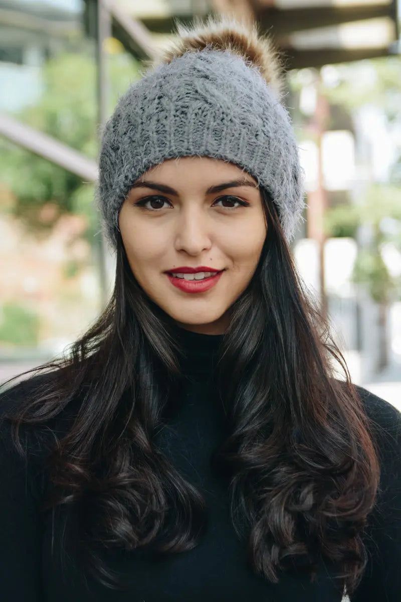 Mohair Faux Fur Pom Knit Beanie