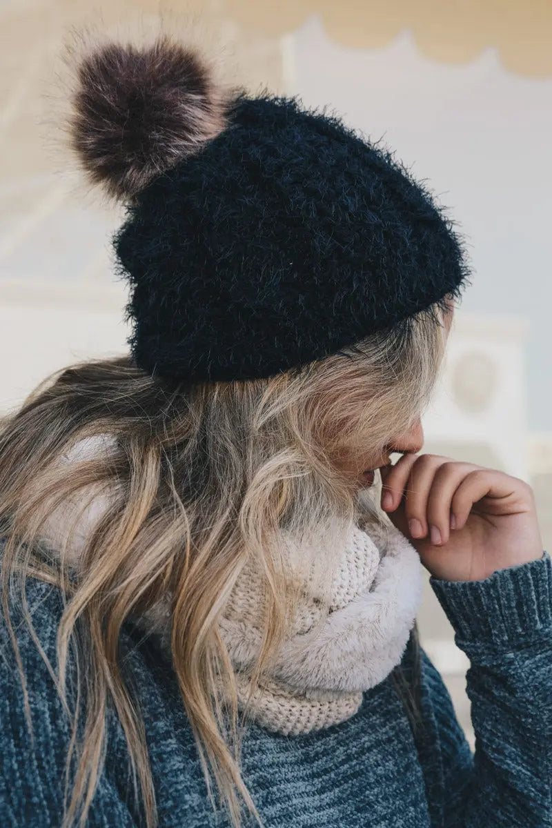Mohair Faux Fur Pom Knit Beanie