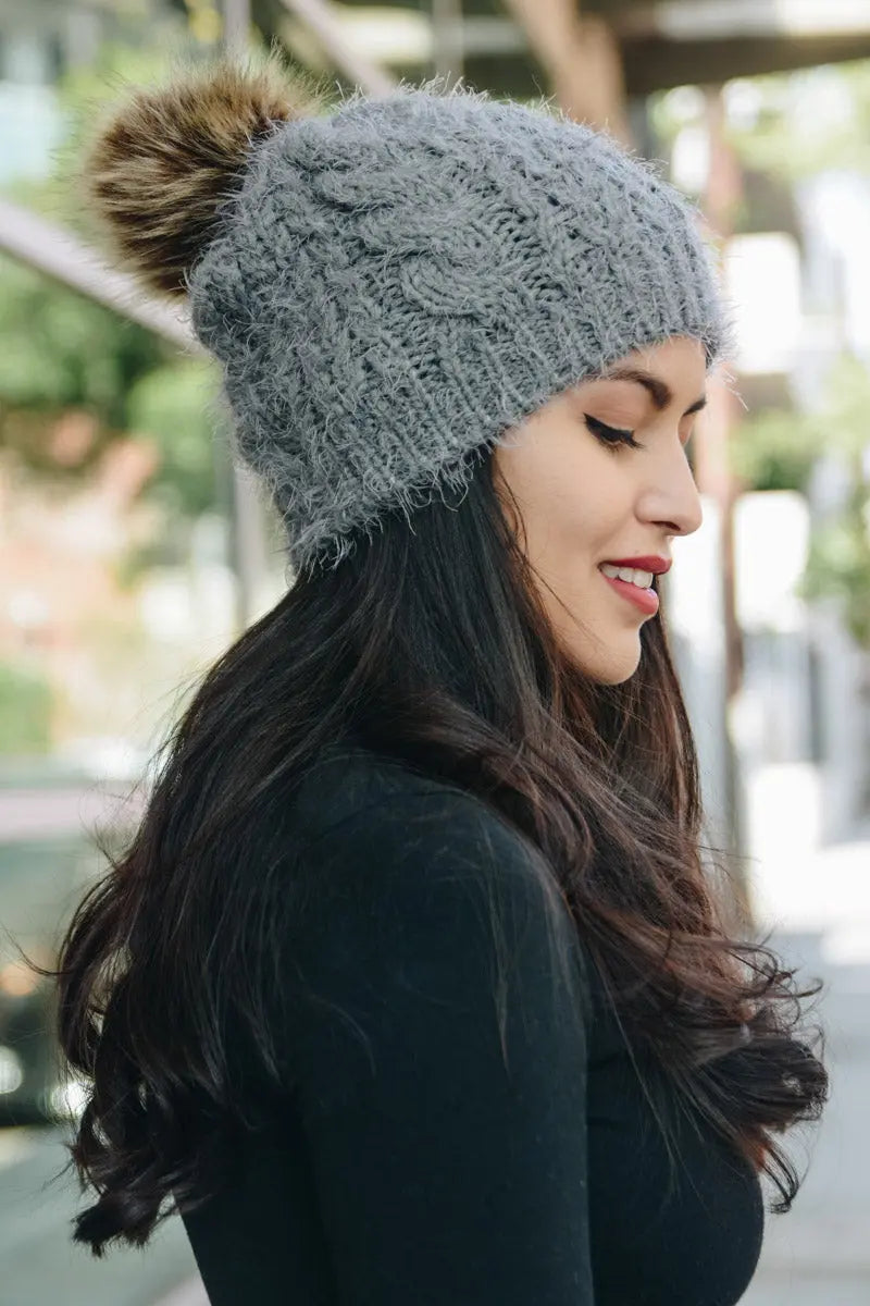 Mohair Faux Fur Pom Knit Beanie