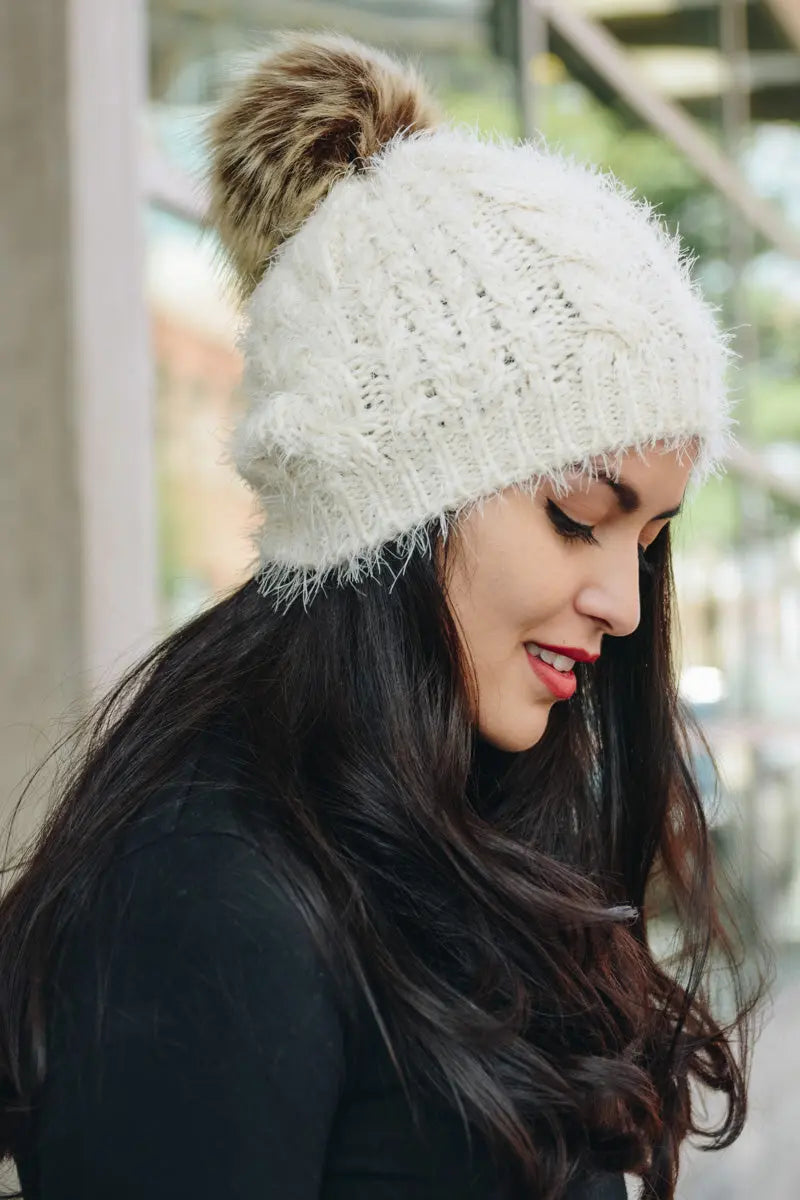 Mohair Faux Fur Pom Knit Beanie