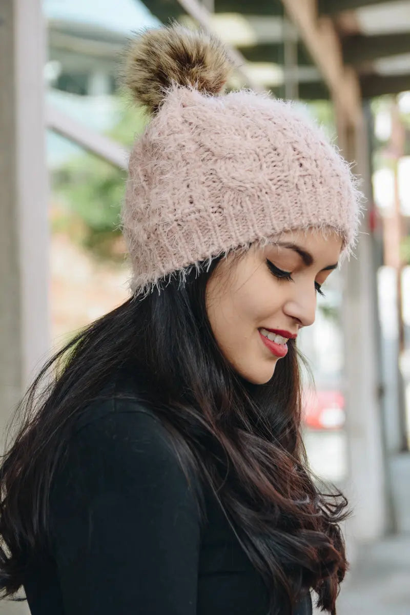 Mohair Faux Fur Pom Knit Beanie