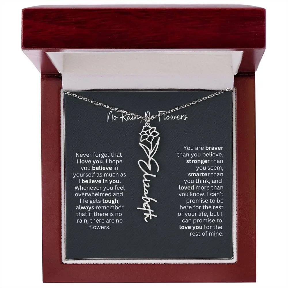 No Rain No Flowers Birth Necklace - Personalized Name Jewelry