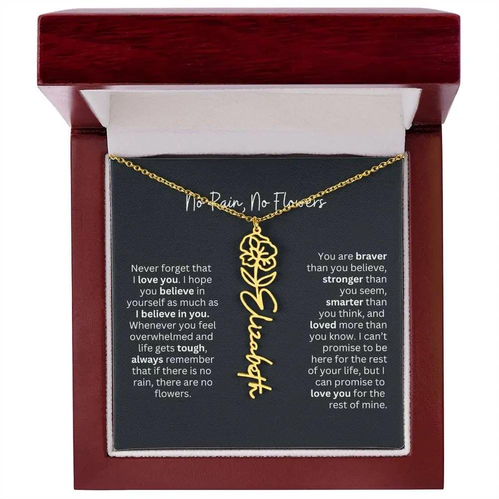 No Rain No Flowers Birth Necklace - Personalized Name Jewelry
