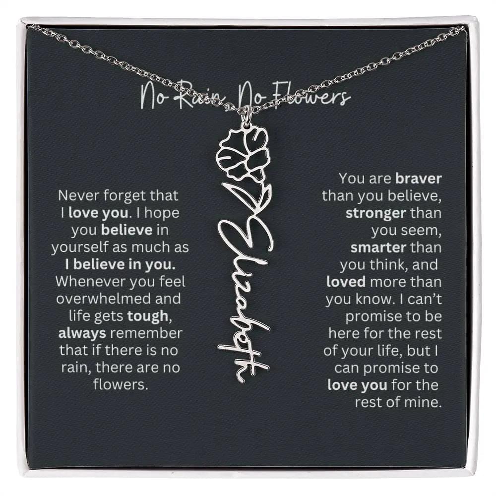 No Rain No Flowers Birth Necklace - Personalized Name Jewelry