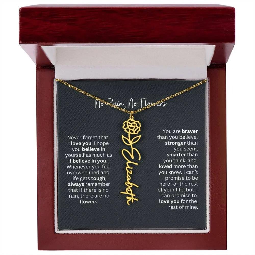 No Rain No Flowers Birth Necklace - Personalized Name Jewelry