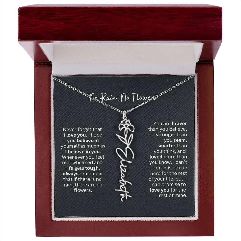 No Rain No Flowers Birth Necklace - Personalized Name Jewelry