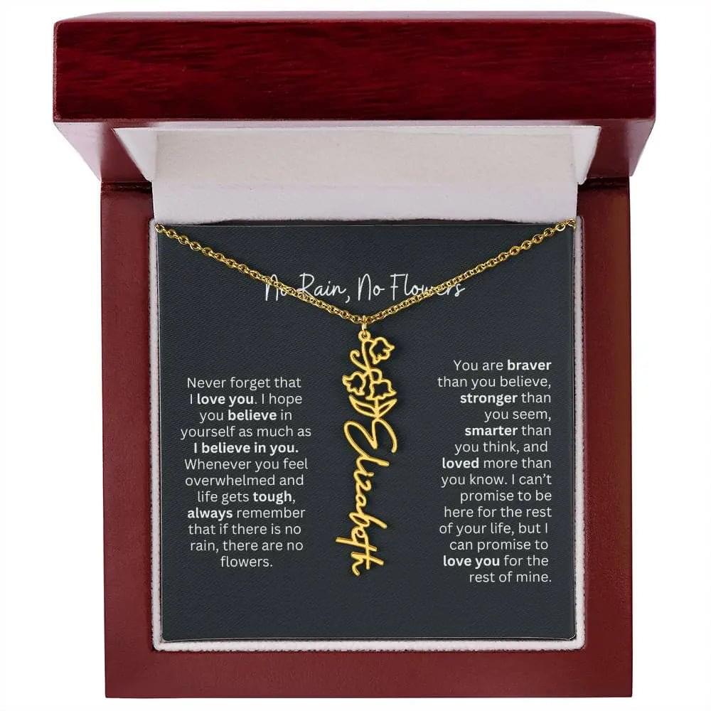 No Rain No Flowers Birth Necklace - Personalized Name Jewelry