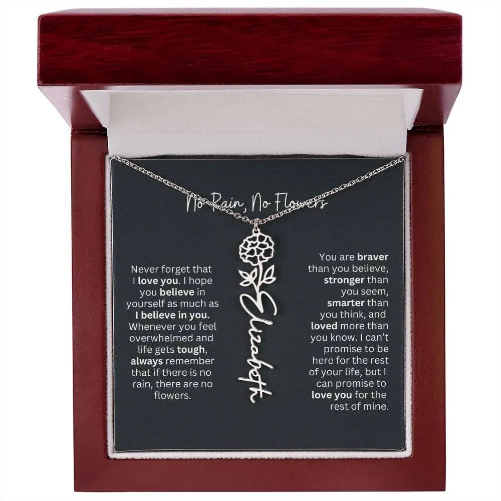 No Rain No Flowers Birth Necklace - Personalized Name Jewelry