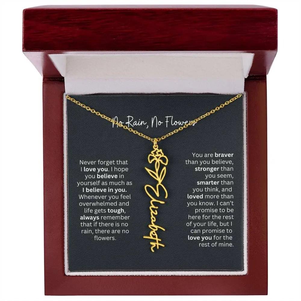 No Rain No Flowers Birth Necklace - Personalized Name Jewelry
