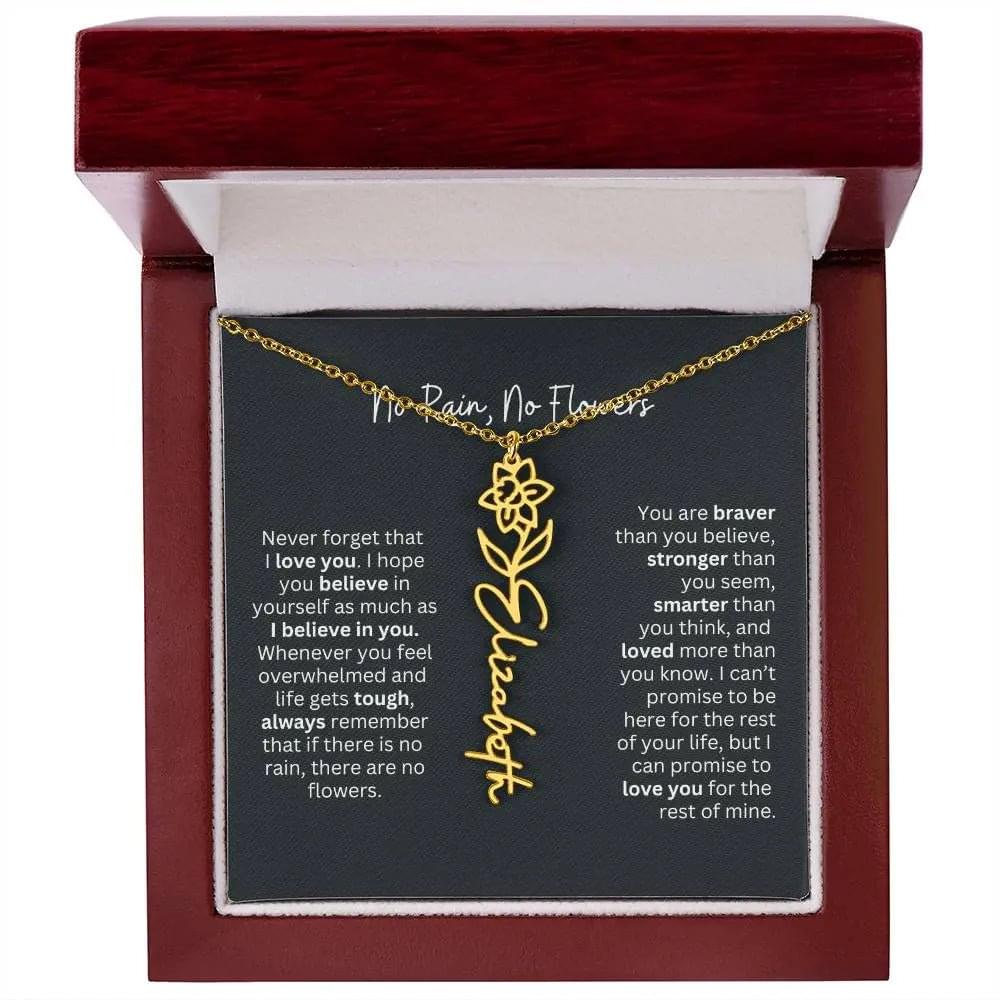 No Rain No Flowers Birth Necklace - Personalized Name Jewelry