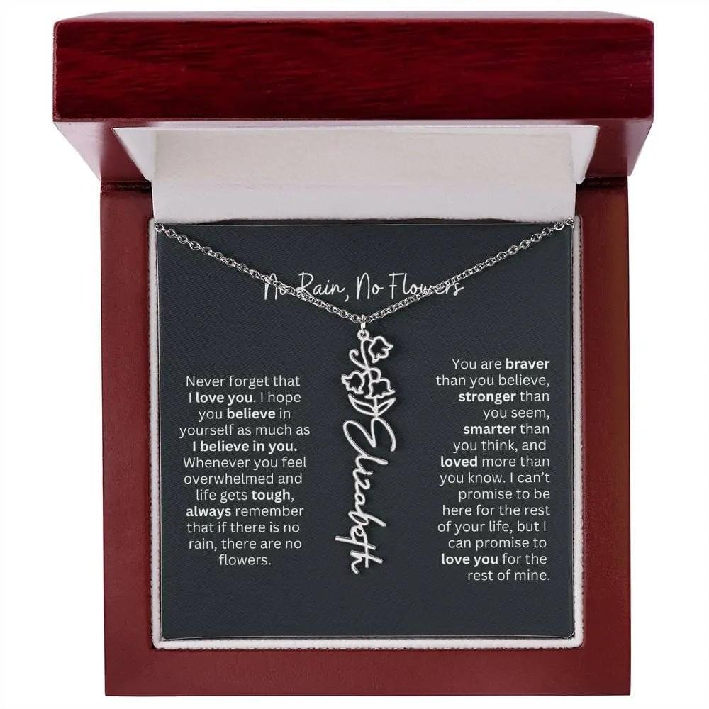 No Rain No Flowers Birth Necklace - Personalized Name Jewelry