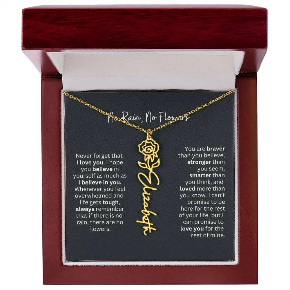 No Rain No Flowers Birth Necklace - Personalized Name Jewelry