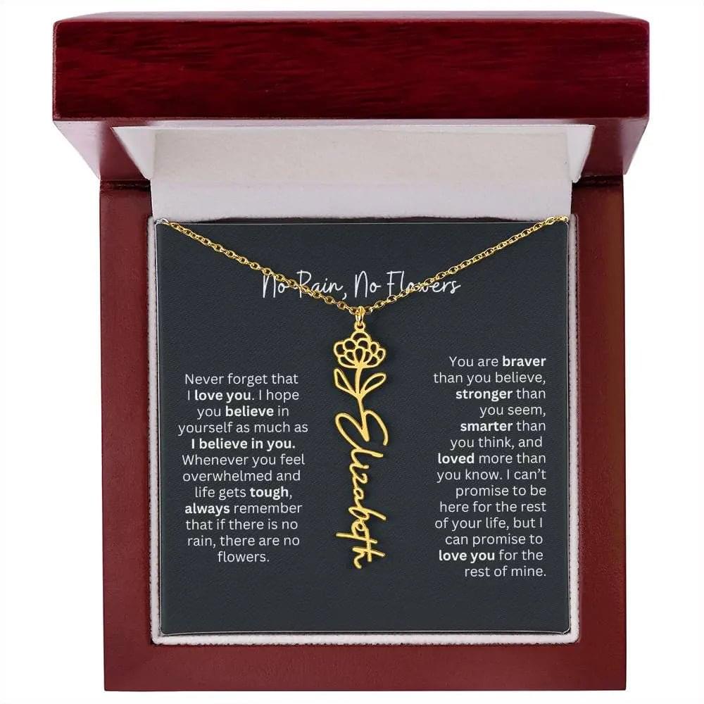 No Rain No Flowers Birth Necklace - Personalized Name Jewelry