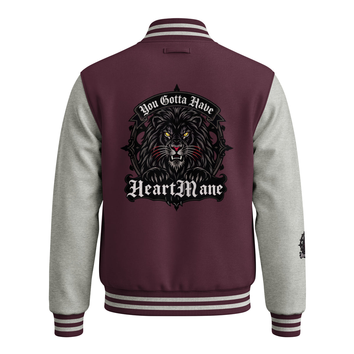 HeartMane Black Lion varsity jacket – Burgundy / Heather Gray, back view