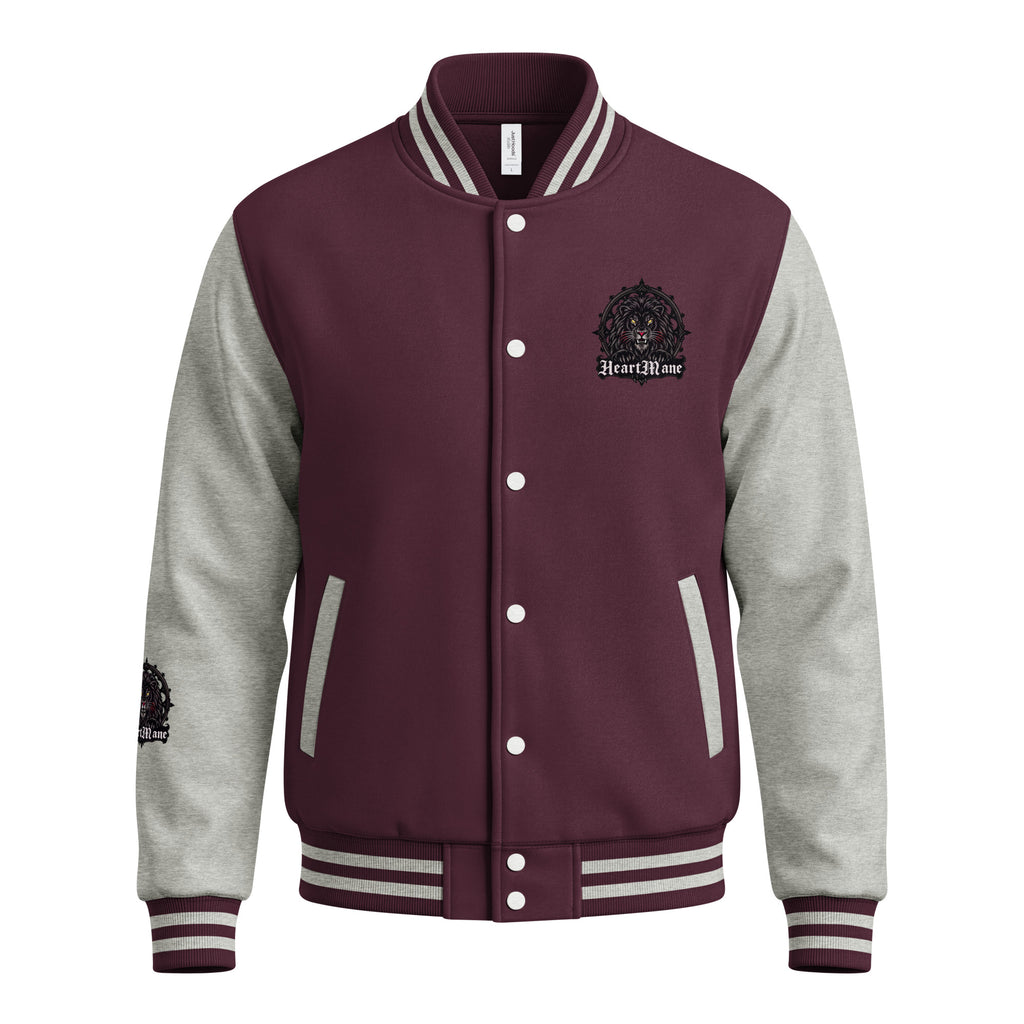 HeartMane Black Lion varsity jacket – Burgundy / Heather Gray, front view