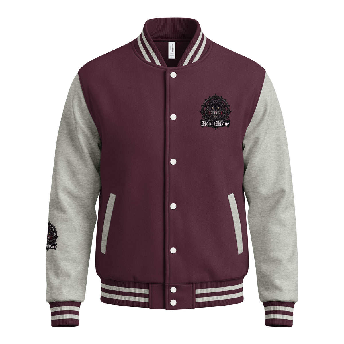 HeartMane Black Lion varsity jacket – Burgundy / Heather Gray, front view