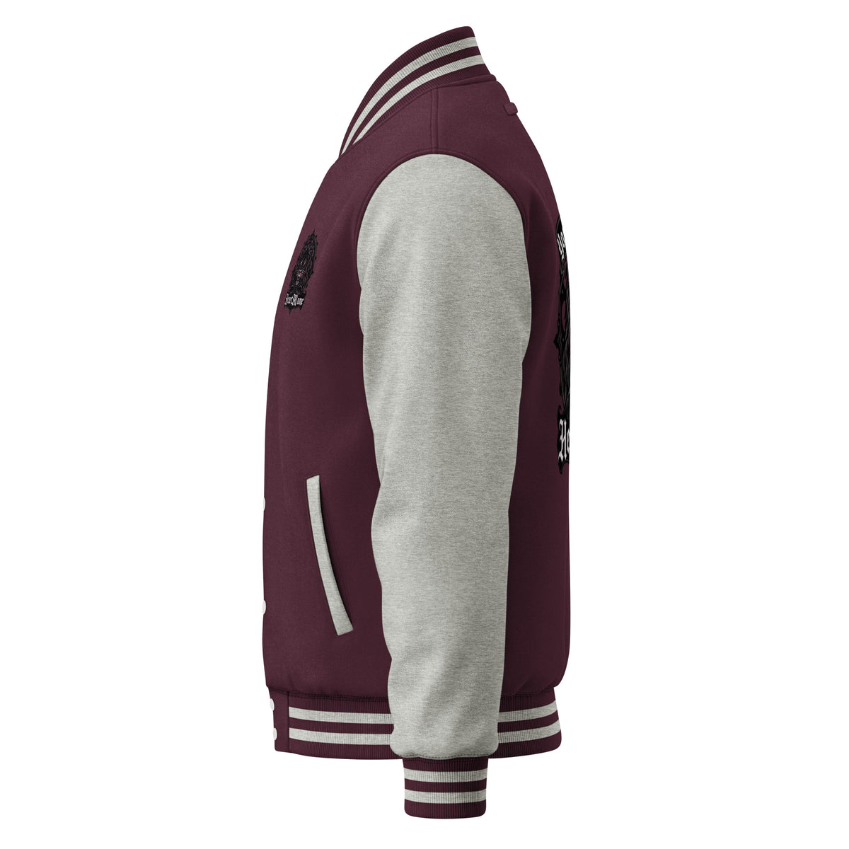 HeartMane Black Lion varsity jacket – Burgundy / Heather Gray, left side view