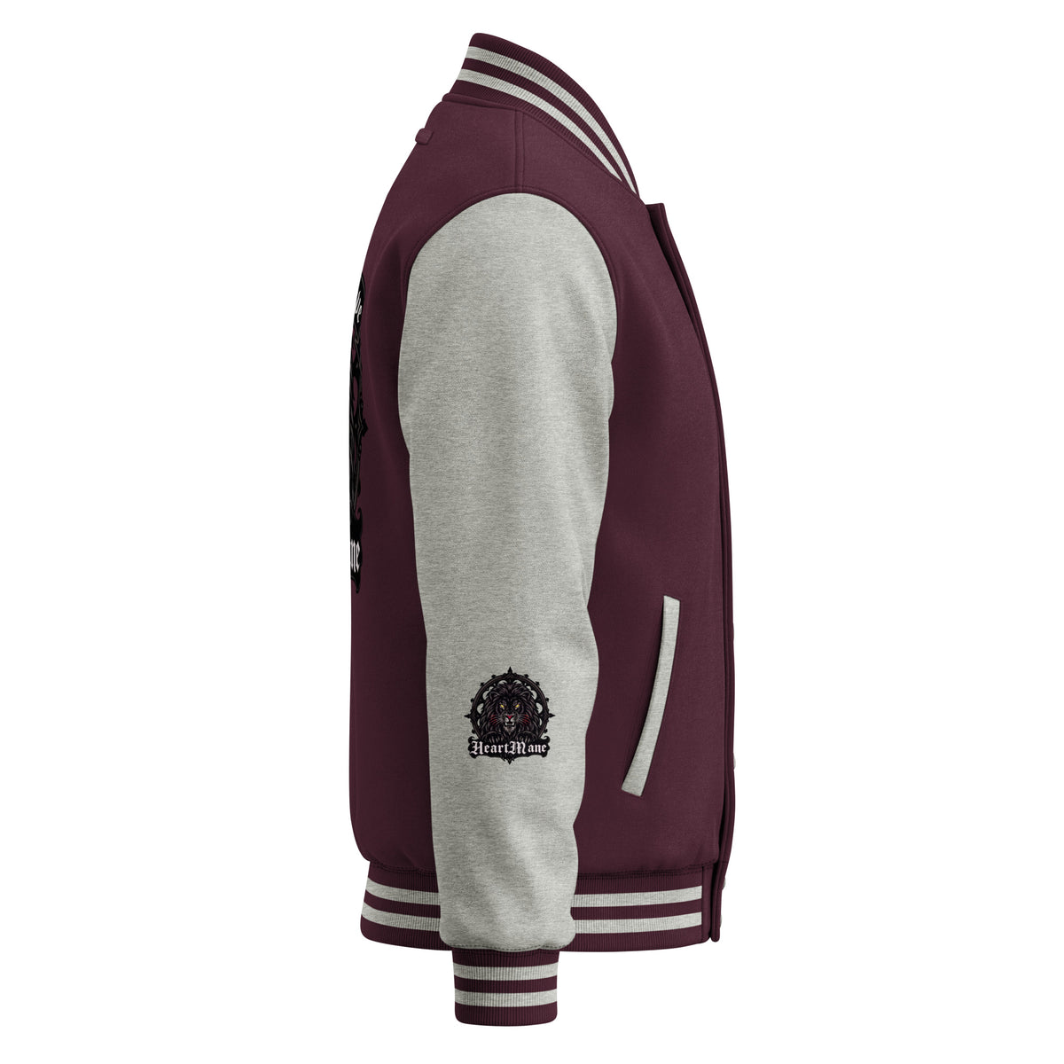 HeartMane Black Lion varsity jacket – Burgundy / Heather Gray, right side view