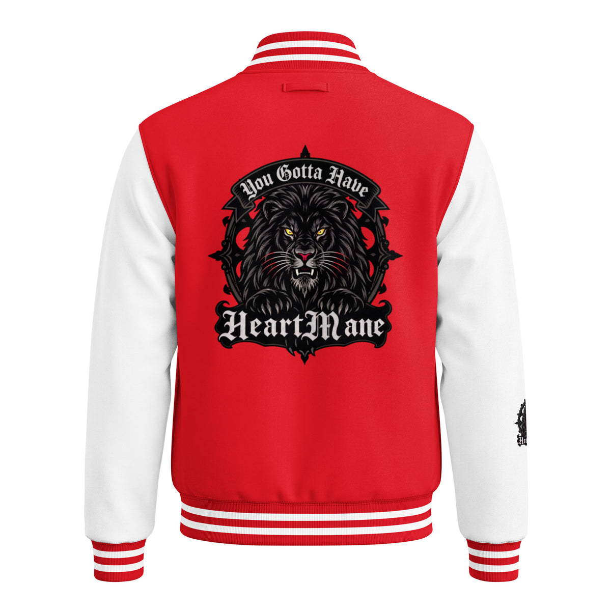 HeartMane Black Lion varsity jacket – Red / White, back view