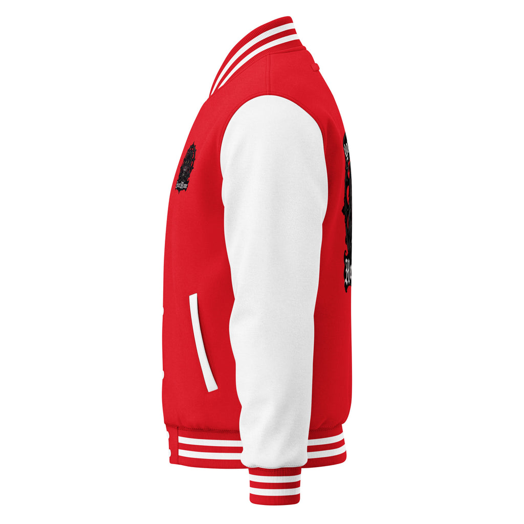 HeartMane Black Lion varsity jacket – Red / White, left side view