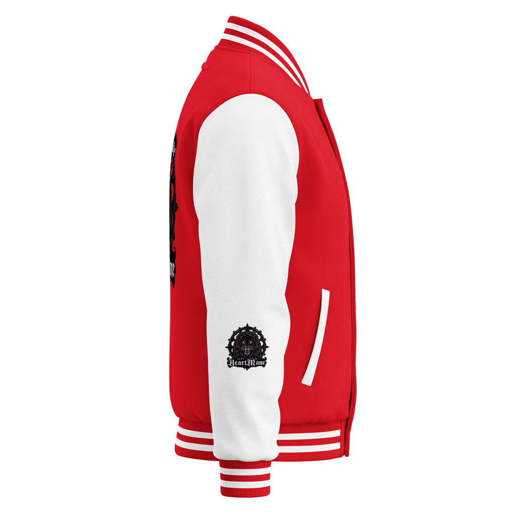 HeartMane Black Lion varsity jacket – Red / White, right side view