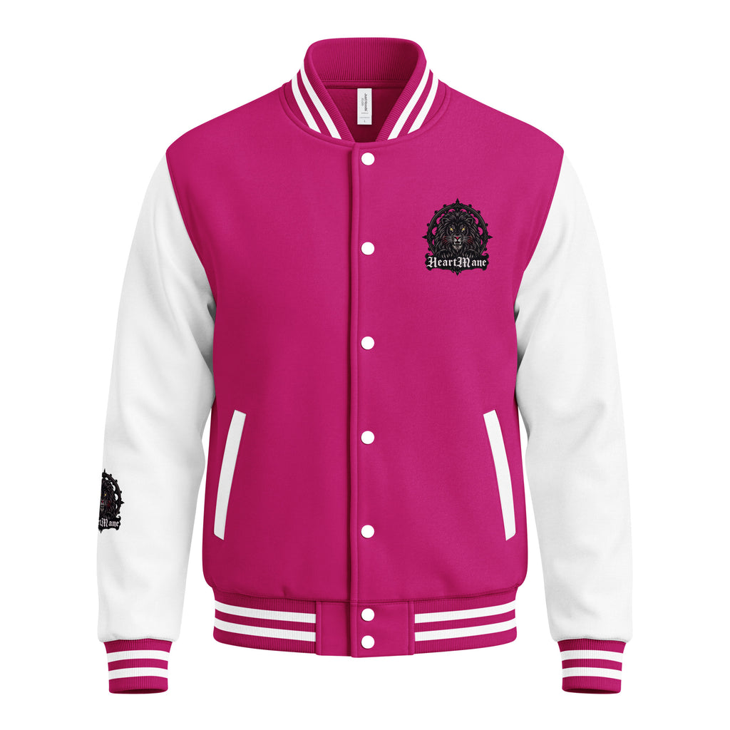 HeartMane Black Lion varsity jacket – Hot Pink / White, front view