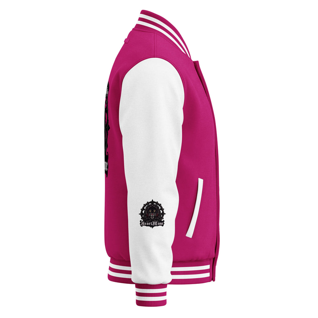 HeartMane Black Lion varsity jacket – Hot Pink / White, right side view