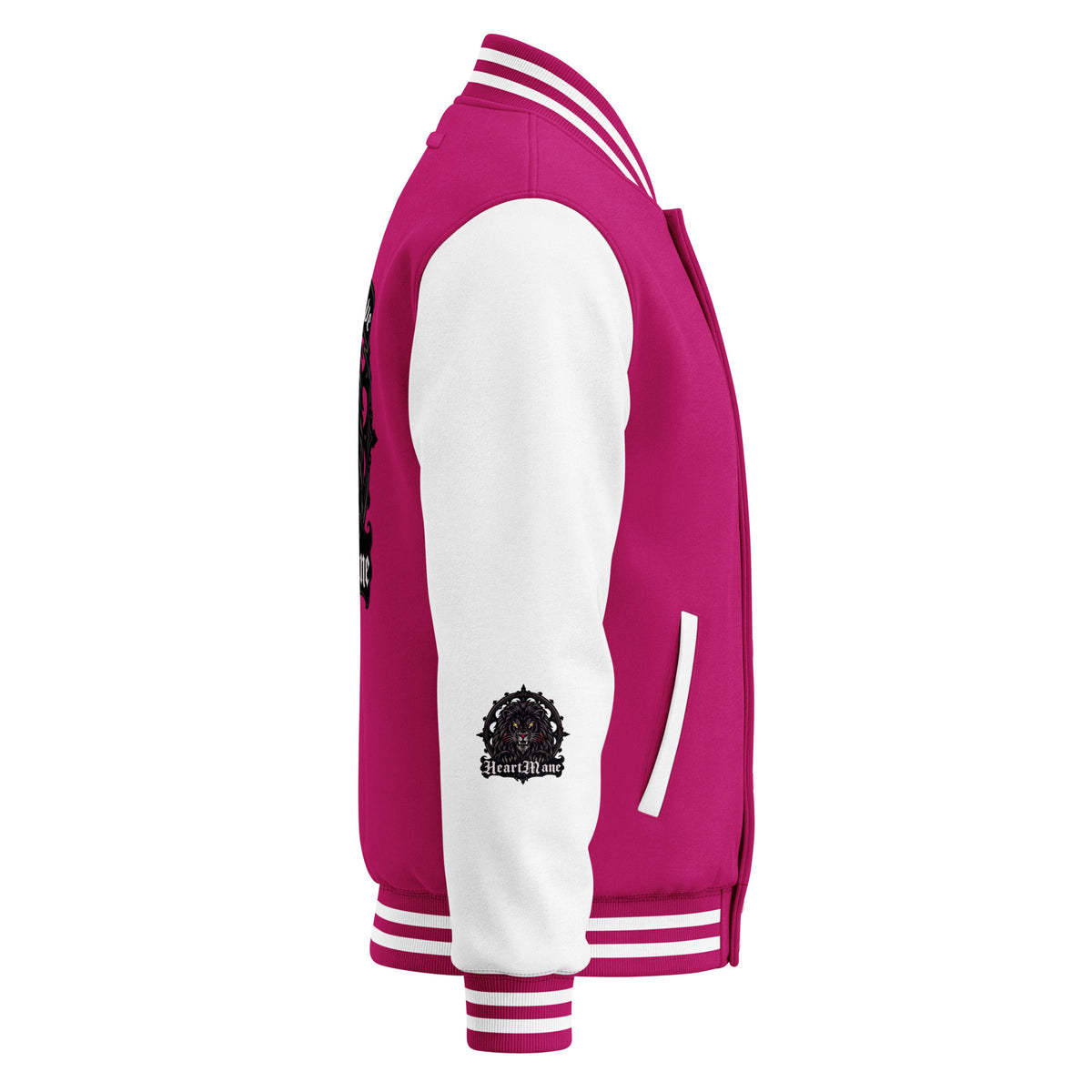 HeartMane Black Lion varsity jacket – Hot Pink / White, right side view