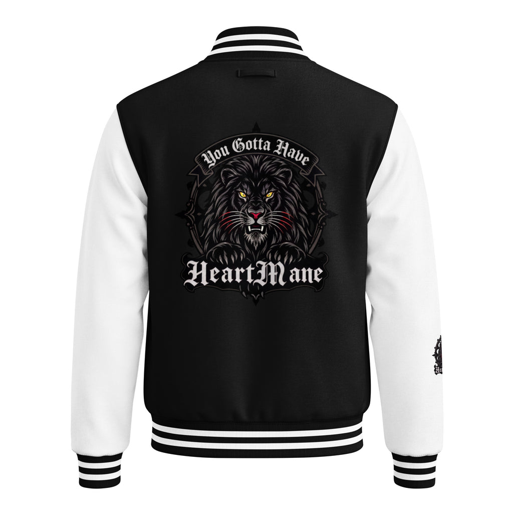 HeartMane Black Lion varsity jacket – Black / White, back view