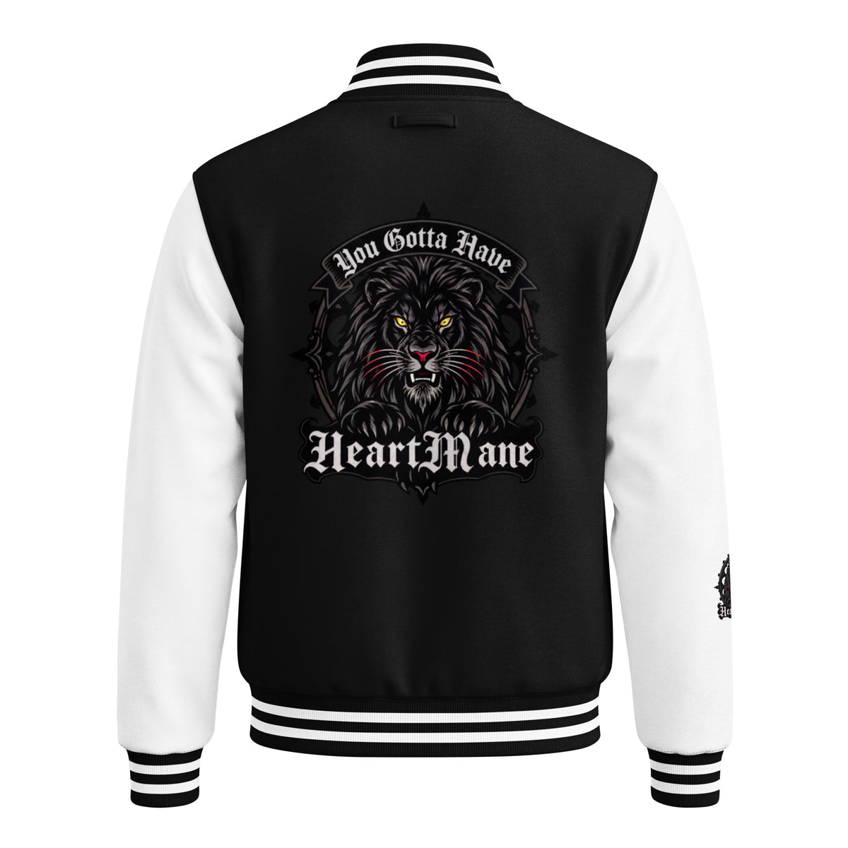 HeartMane Black Lion varsity jacket – Black / White, back view