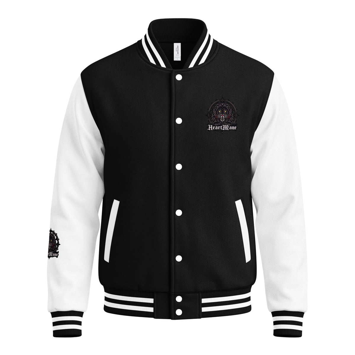 HeartMane Black Lion varsity jacket – Black / White, front view