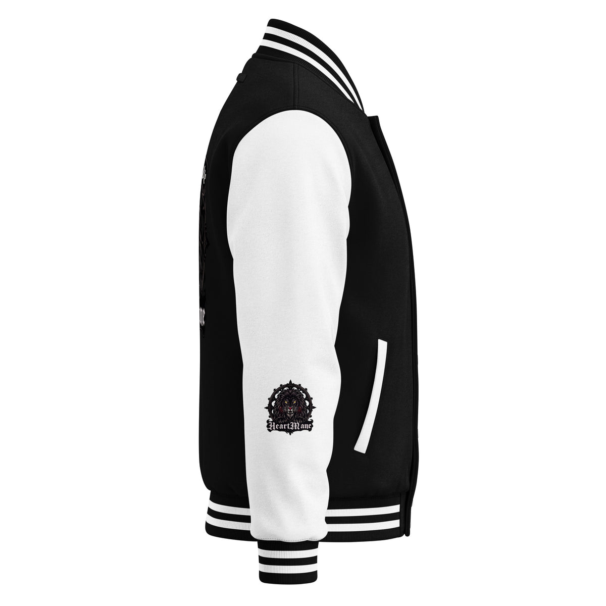 HeartMane Black Lion varsity jacket – Black / White, right side view