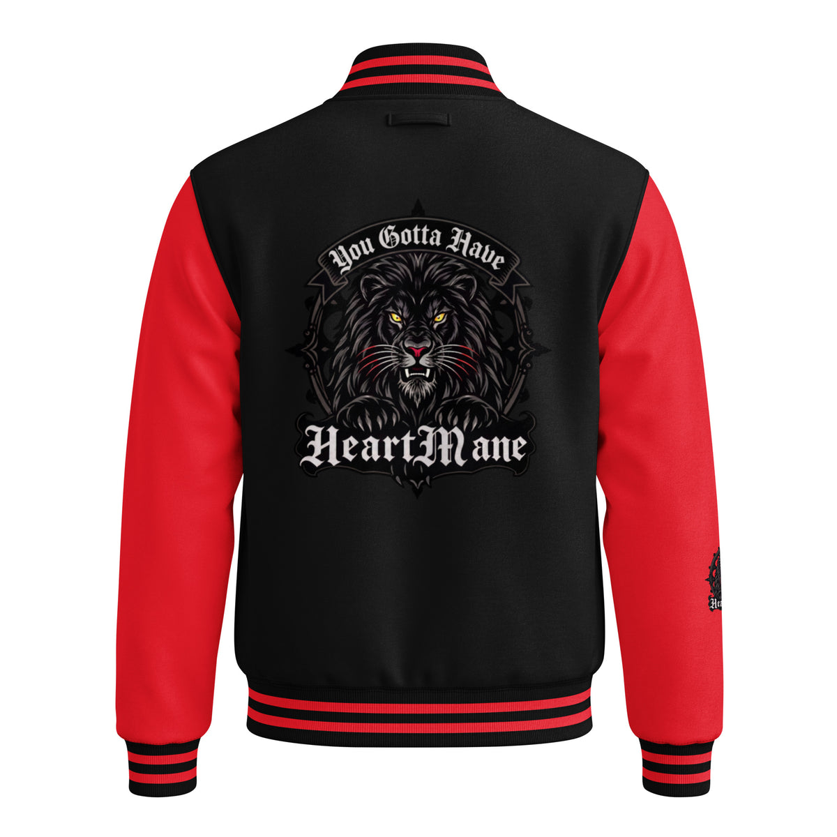 HeartMane Black Lion varsity jacket – Black / Red, back view
