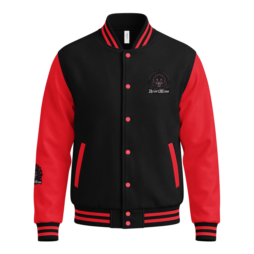 HeartMane Black Lion varsity jacket – Black / Red, front view