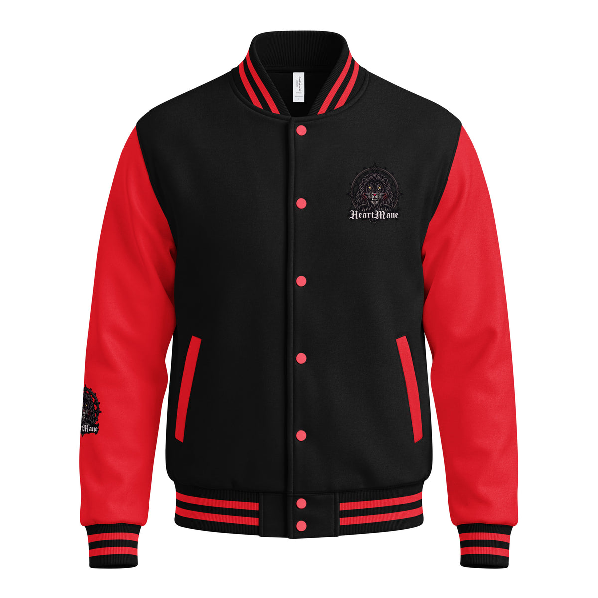 HeartMane Black Lion varsity jacket – Black / Red, front view