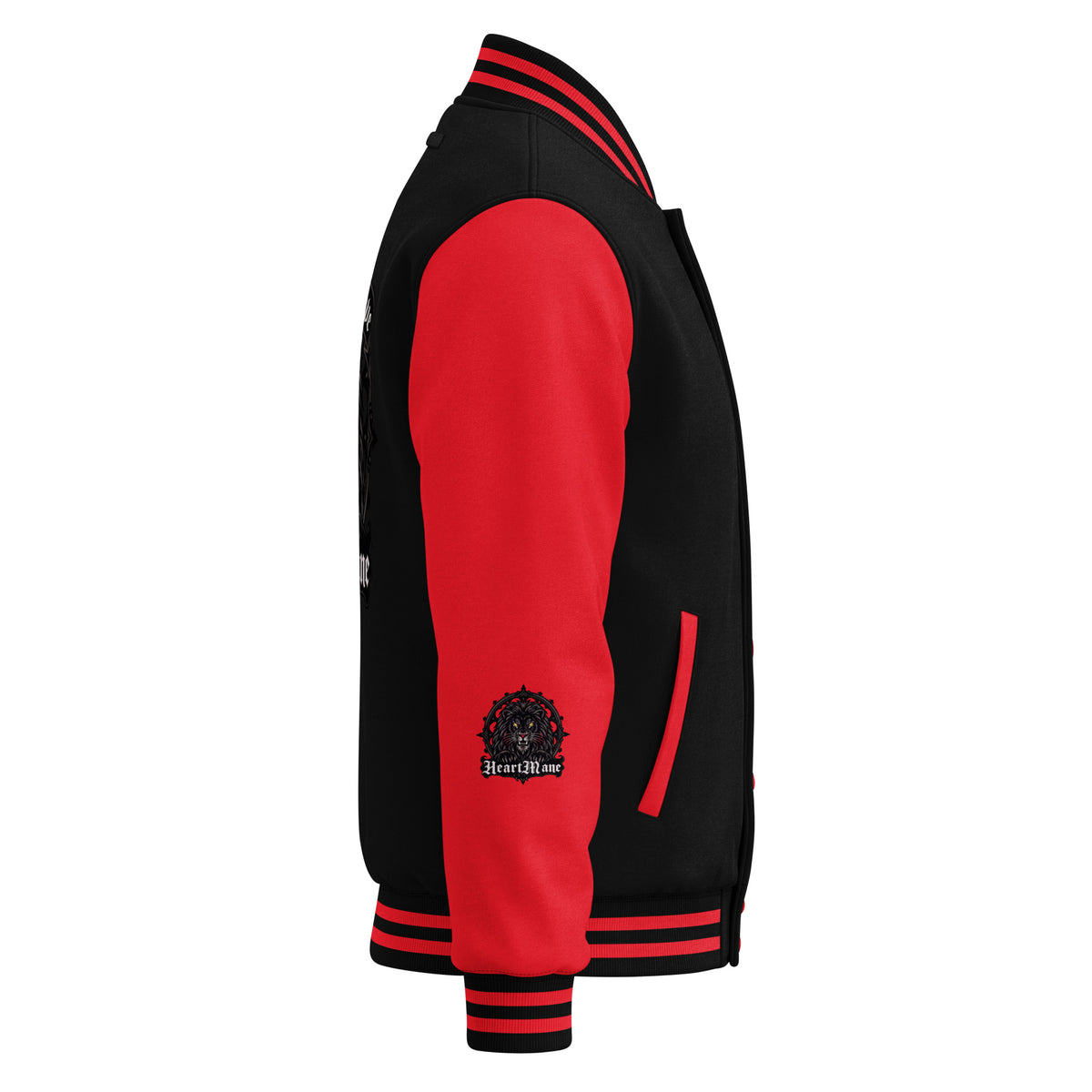 HeartMane Black Lion varsity jacket – Black / Red, right side view